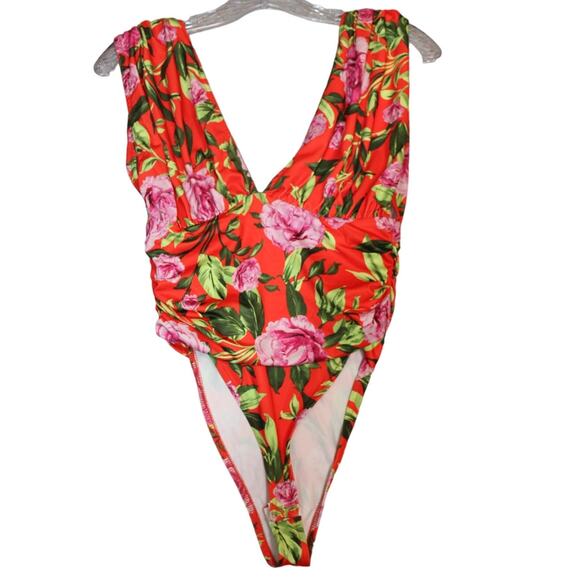 Zara Bodysuit Small Red Floral Print High Cut Sleeveless Summer Beach Vacation - Picture 2 of 6